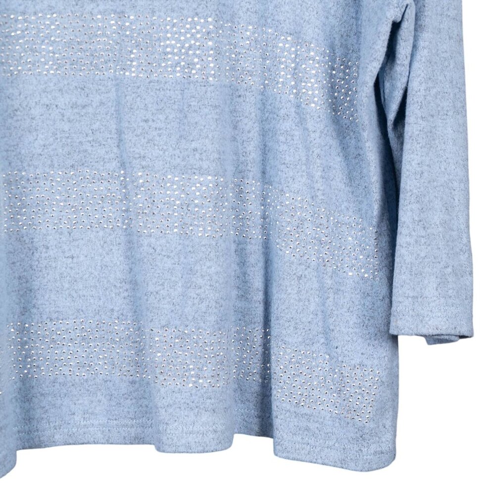 Cathy Knit Top L Womens Light Blue Rhinestone Gems Stripes 3/4 Sleeve Fleece - Picture 3 of 6